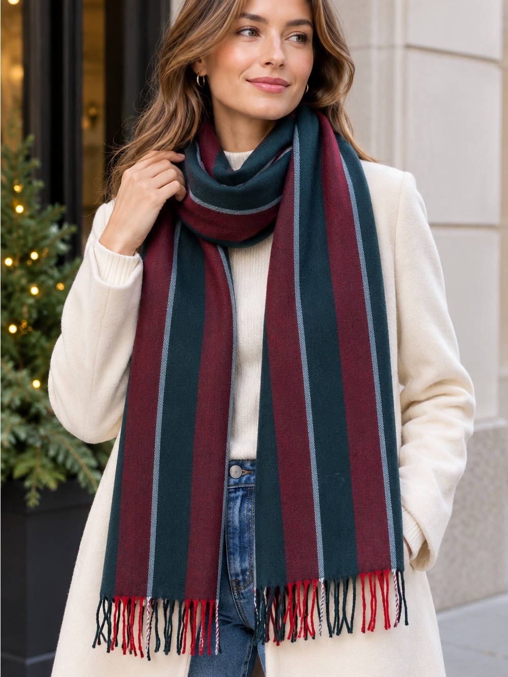 J. Crew Striped Fringe Scarf in Burgundy and Forest Green